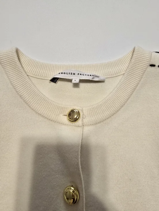 English Factory Stitch Detail Puff Sleeve Cardigan Crew Neck Long Sleeve Size L - Picture 5 of 13